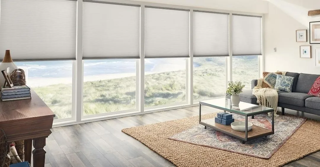 A living room with large windows and a rug.